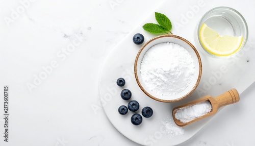 Flat lay of collagen powder in ceramic bowl with wooden scoop, water and lemon on travertine surface for joint and skin health