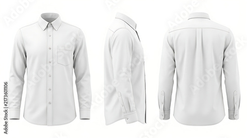Realistic 3D Render of a Men's White Formal Button-Down Shirt Mockup featuring Front, Profile, and Rear Views Isolated on White for Clothing Design and Corporate Branding.