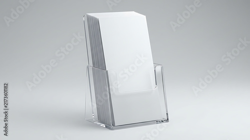 Blank White Brochure Holder in Transparent Acrylic Flyer Stand Mockup, DL Pamphlet Display for Marketing and Promotional Materials Isolated on Grey Background Realistic 3D Render