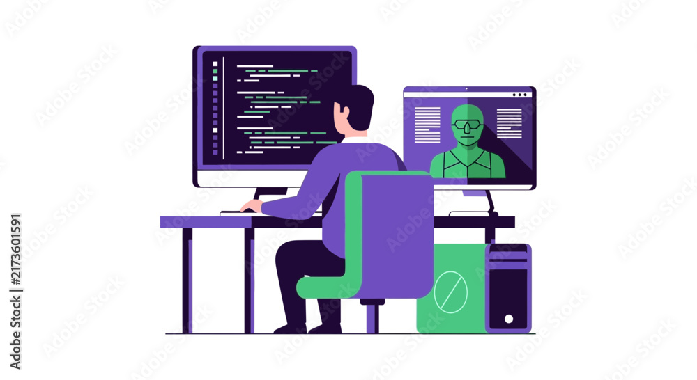 Fototapeta premium Software Developer Working on Artificial Intelligence and Facial Recognition Technology, Machine Learning and Coding Flat Illustration