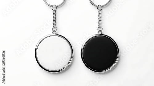 Realistic 3D Render of Blank Round Metal Keychain Mockup Isolated on White Background, Set of Black and White Circular Keyrings for Logo Branding and Corporate Identity Design.