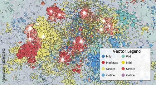 Complex network connection map with vector legend of data points, connection