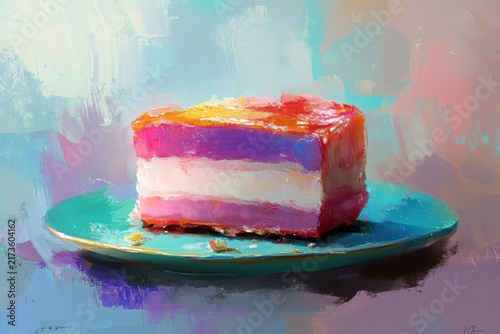 A Vibrant Layered Cake Slice on a Teal Plate