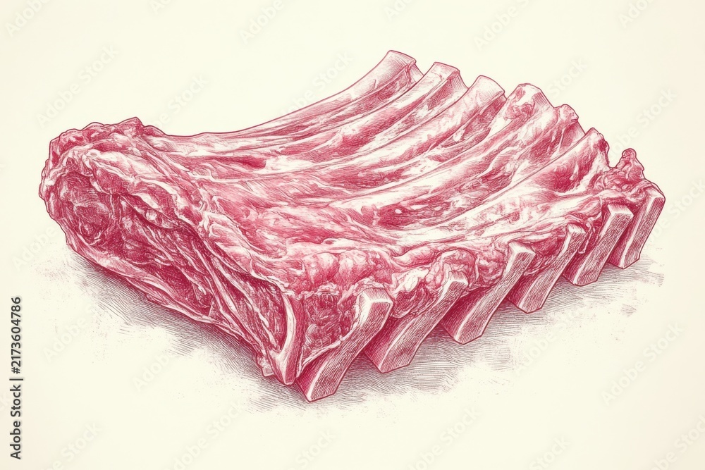 Fototapeta premium A Cartoon Style Drawing of Raw Pork Ribs on a Cutting Board