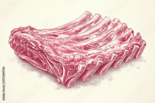 A Cartoon Style Drawing of Raw Pork Ribs on a Cutting Board