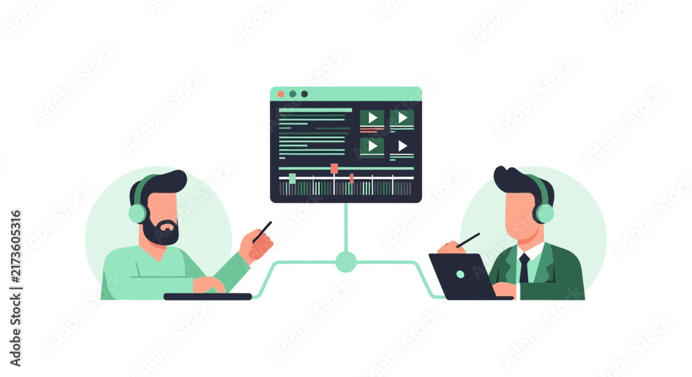 Fototapeta premium Collaborative Video Editing and Software Development Team Illustration - Remote Digital Workflow Concept