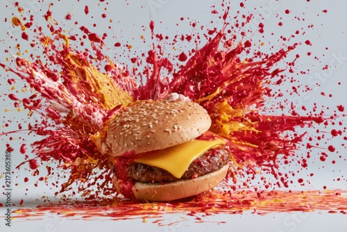 Explosive burger splatter with red and yellow sauces in studio