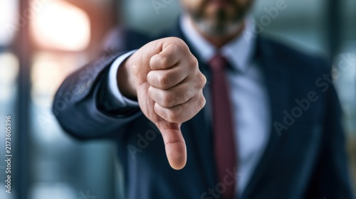 Businessman giving thumbs down gesture in office with blurred background
