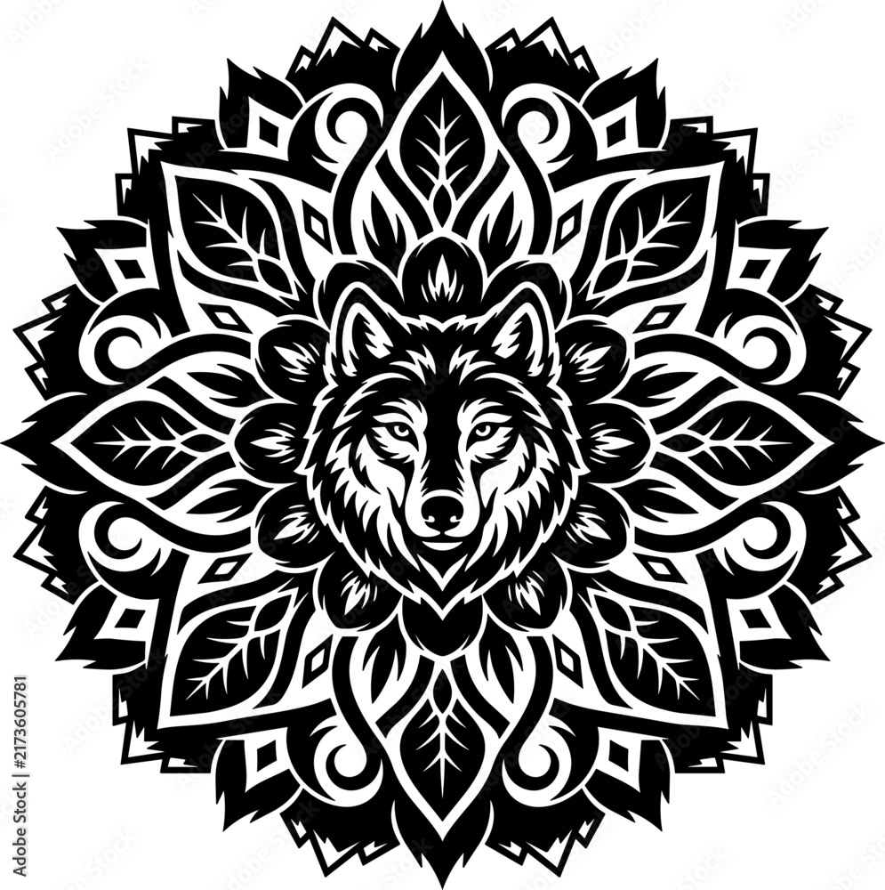 Fototapeta premium Wolf Mandala Leaf Pattern Circular Ornament Decorative Animal Face Tribal Floral Black White Vector Illustration Design Logo Art Icon