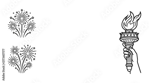 Independence Day torch and fireworks icons set, isolated on transparent background design
