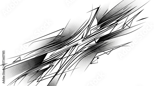 Dynamic black and white geometric background with sharp lines and halftone texture elements