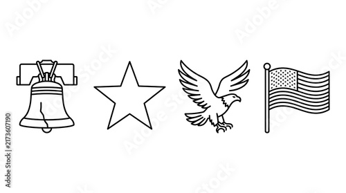Patriotic icons including Liberty Bell and US flag, isolated on transparent background set
