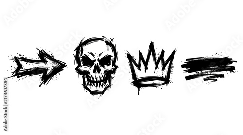 Set of hand drawn street art skull and crown symbols isolated on transparent background design