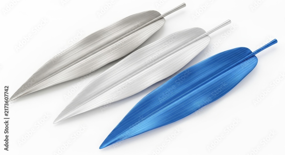 Obraz premium Three elegant bamboo leaves lie horizontally, featuring polished silver, frosted platinum, and chrome blue tones with linear vein patterns, element, metallic, reflection
