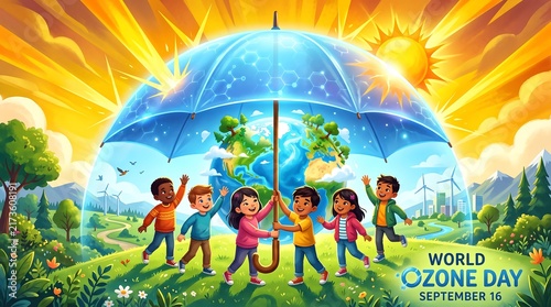 Diverse children protecting Earth with a large umbrella for World Ozone Day in a bright natural landscape
