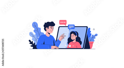 Flat Illustration of a Young Man Having a Video Call with a Woman on a Digital Tablet, Online Communication and Connection Concept
