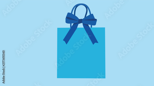 Shopping bag with blue ribbon bow flat vector illustration for retail commerce and gift marketing