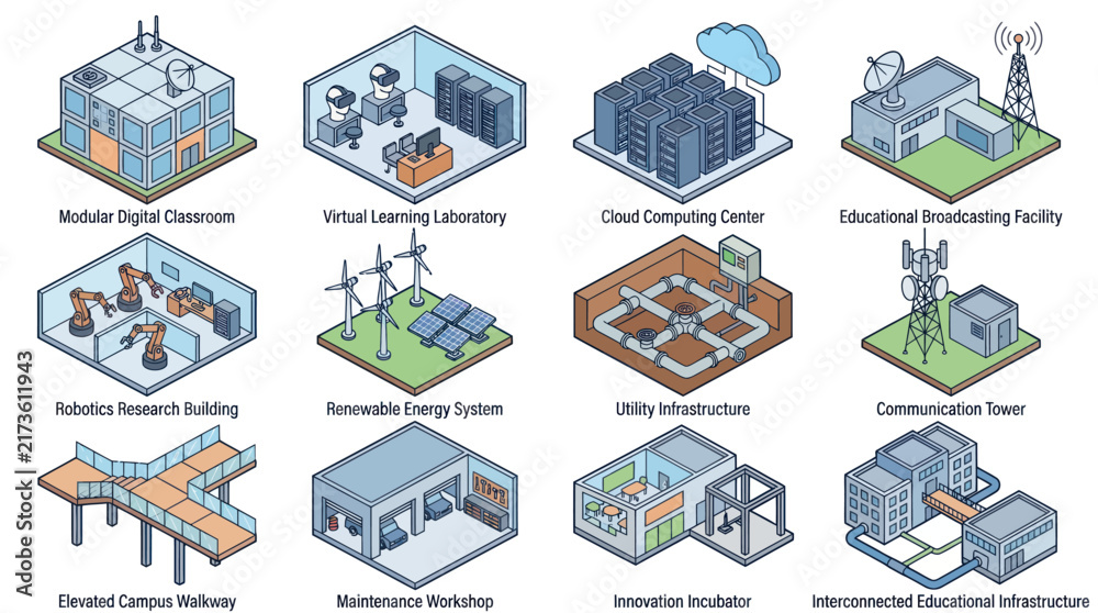 Fototapeta premium Isometric illustrations of various modern technological and architectural infrastructure systems.