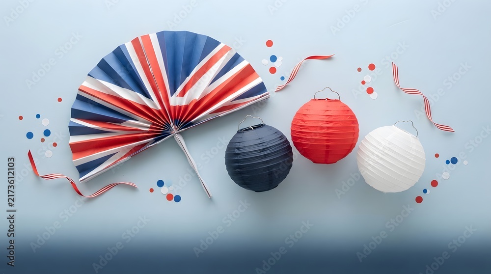 Obraz premium Colorful paper fans and lanterns arranged on a light blue surface