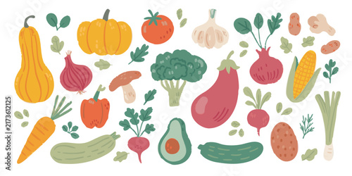 Hand drawn vegetable set illustration flat cartoon style on transparent background silhouette