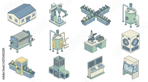 Isometric Industrial and Scientific Equipment Collection for Manufacturing and Research.