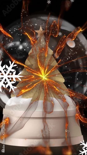 Snowflakes floating and shooting star around christmas tree in a snow globe against black background