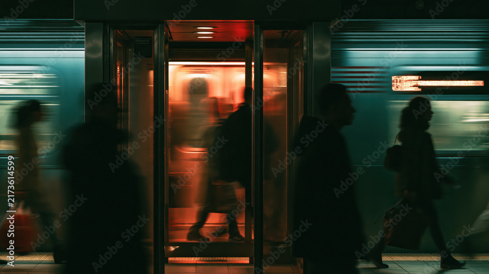Fototapeta premium A blurred image of a subway train and passengers at a station at night. The warm light from the train cars creates an atmospheric glow, contrasting with the dark surroundings. AI generative