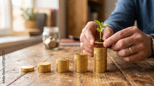Conceptual image of financial growth and investment savings, hands placing gold coin stack with sprouting green plant sapling, symbolizing wealth accumulation and compound interest