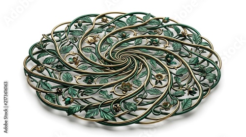 Ornate Art Nouveau Brooch with Swirling Green Leaves and Gold Accents