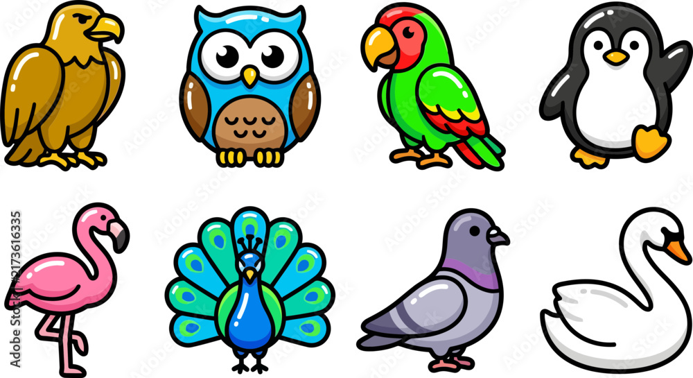 Fototapeta premium Cute Cartoon Bird Icons Collection Featuring Eagle Owl Parrot Penguin Flamingo Peacock Pigeon and Swan Vector Illustrations for Kids Design