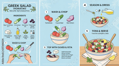 Greek Salad Horiatiki Recipe Infographic with Ingredients and Step-by-Step Preparation Guide