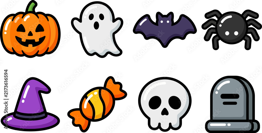 Obraz premium Cute Halloween Icon Set Featuring Pumpkin Ghost Bat Spider Witch Hat Candy Skull and Tombstone Isolated on White Background for Design