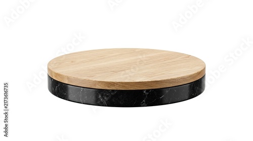 Round Wooden Serving Board with Black Marble Base Isolated on White