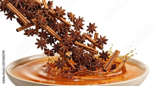 Star Anise and Cinnamon Sticks Falling into Liquid