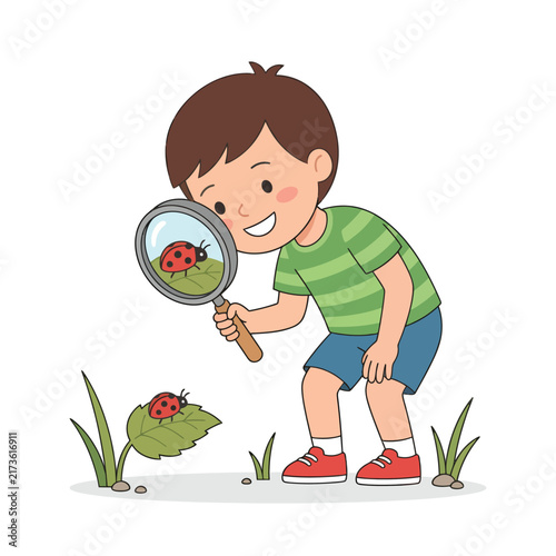 Curious boy examining a red ladybug on a plant leaf with a magnifying glass vector illustration