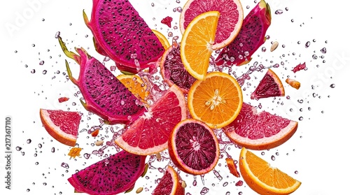 Vibrant Tropical Fruit Splash: Dragon Fruit, Oranges, Grapefruits in Water
