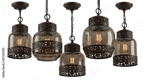 Vintage Moroccan Style Pendant Lights with Glass Shades and Ornate Metal Accents
