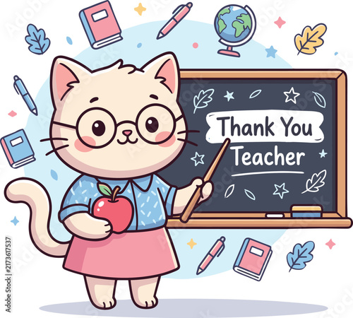 Cat Teacher Cartoon Holding Apple by Chalkboard for Classroom Gratitude