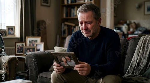 Middle-aged man crying while holding a picture frame sitting in his living room with male vulnerability men mental health male emotional expression male depression male anxiety male grief