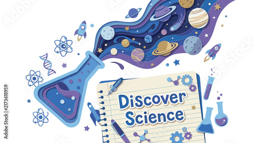 Science Education Illustration Featuring Cosmic Chemistry and Laboratory