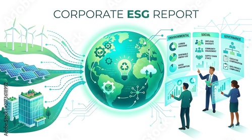 A corporate ESG report concept illustration showing business professionals analyzing environmental, social, and governance data metrics on interactive digital screens. 