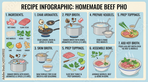 Vietnamese Beef Pho Recipe Infographic Illustration with Step-by-Step Cooking Instructions