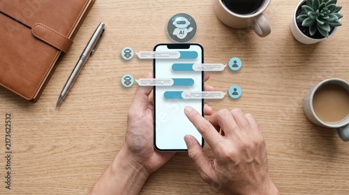 Top down view of male hands holding a smartphone displaying an artificial intelligence chatbot interface with conversation bubbles and robot icons, modern technology communication
