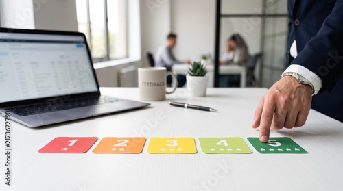 Hand selecting five star rating card for customer feedback and satisfaction survey, service quality evaluation, positive review score on colorful cards next to laptop and feedback
