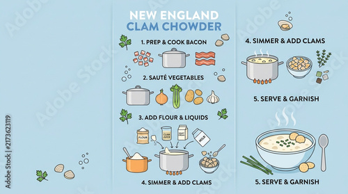 New England Clam Chowder Recipe Infographic with Step by Step Cooking Instructions
