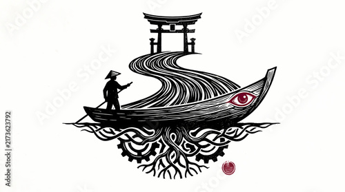 Traditional Japanese Inspired Vintage Engraving Style Illustration of a Sampan Boat Journeying Towards a Torii Gate with a Surreal Third Eye and Mechanical Roots