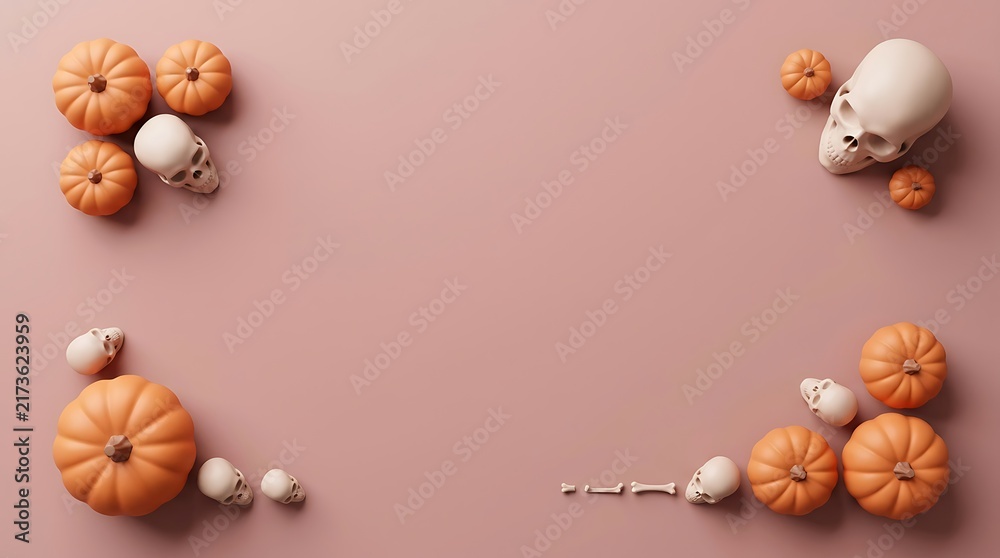 Fototapeta premium Flat lay halloween composition with small orange pumpkins and human skulls on pink background