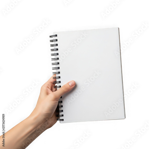 A hand holding a blank white spiral notebook for notes and writing isolated on transparent background