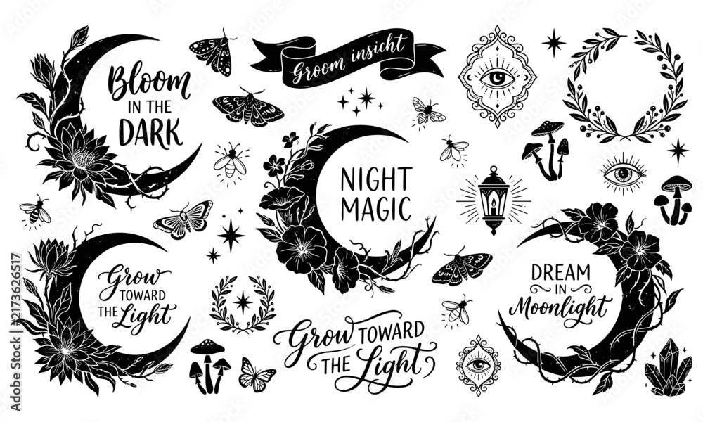 Fototapeta premium Mystical floral crescent moon night moths glowing lantern all seeing eye botanical wreath mushrooms and inspirational spiritual lettering
