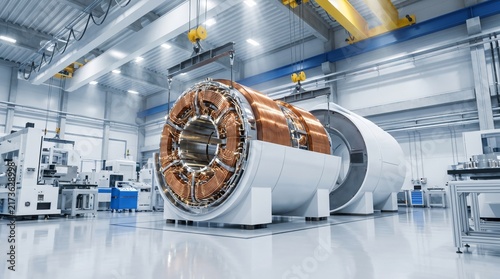Foto Inside a spacious medical equipment factory hall, the large superconductive magnet of an MRI scanner is being lowered into its final casing by overhead gantry systems